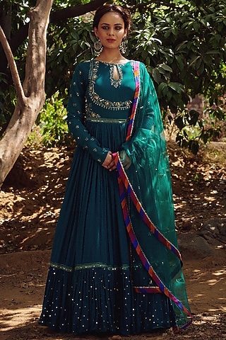 Teal Green Hand Embroidered Anarkali Set by Irrau by Samir Mantri