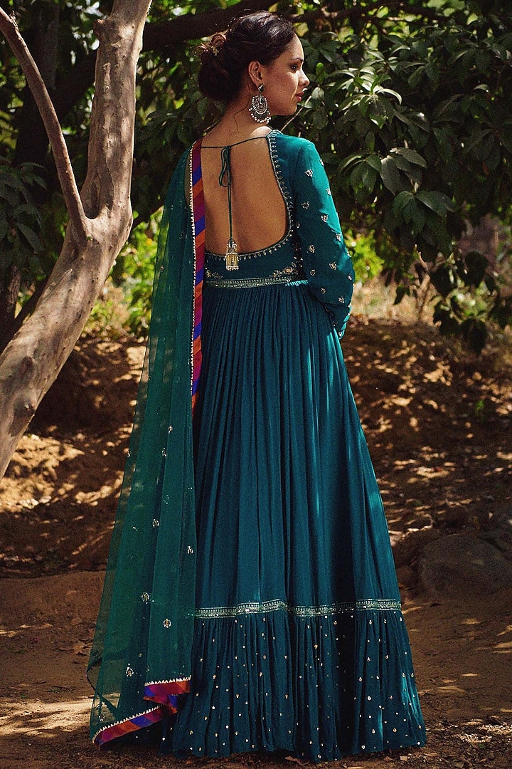 Teal Green Hand Embroidered Wedding Anarkali Set by Irrau by Samir Mantri at Pernia's Pop Up Shop