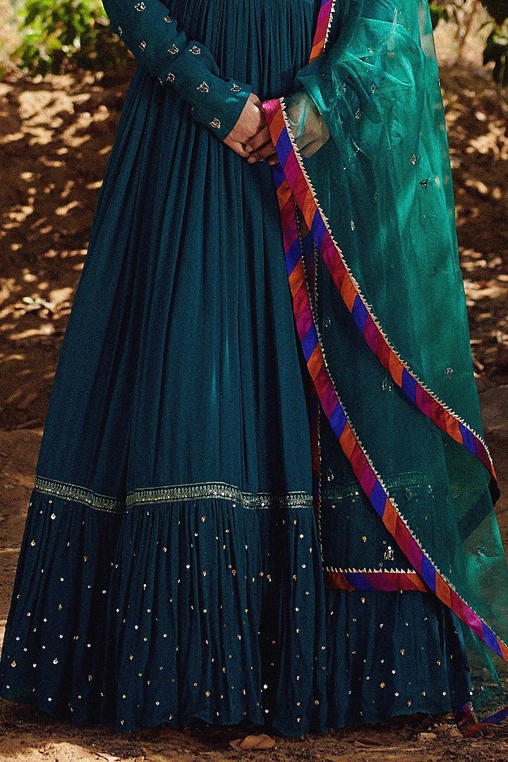 Teal Green Hand Embroidered Wedding Anarkali Set by Irrau by Samir Mantri at Pernia's Pop Up Shop
