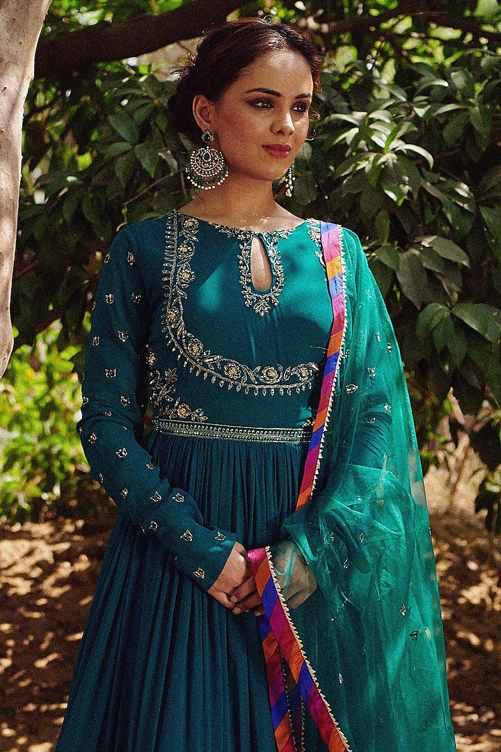 Teal Green Hand Embroidered Wedding Anarkali Set by Irrau by Samir Mantri at Pernia's Pop Up Shop