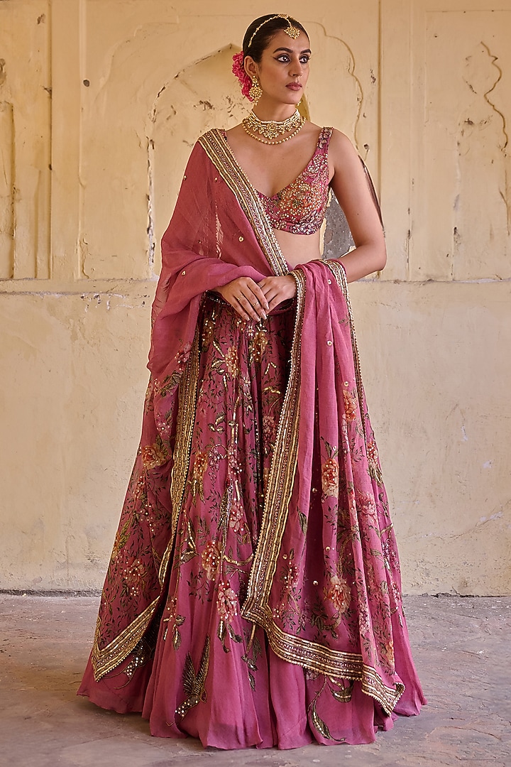 Dusty Rose Organza Hand Embroidered Wedding Lehenga Set by Irrau by Samir Mantri at Pernia's Pop Up Shop