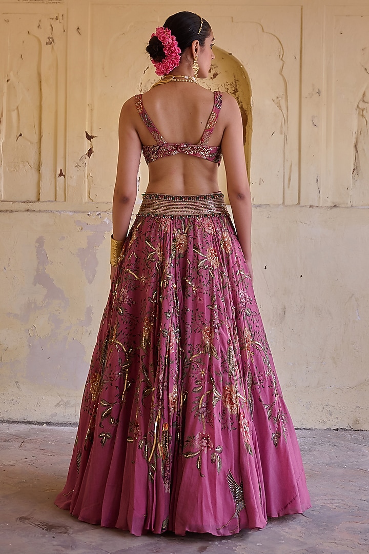 Dusty Rose Organza Hand Embroidered Wedding Lehenga Set by Irrau by Samir Mantri at Pernia's Pop Up Shop