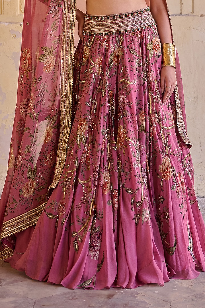 Dusty Rose Organza Hand Embroidered Wedding Lehenga Set by Irrau by Samir Mantri at Pernia's Pop Up Shop