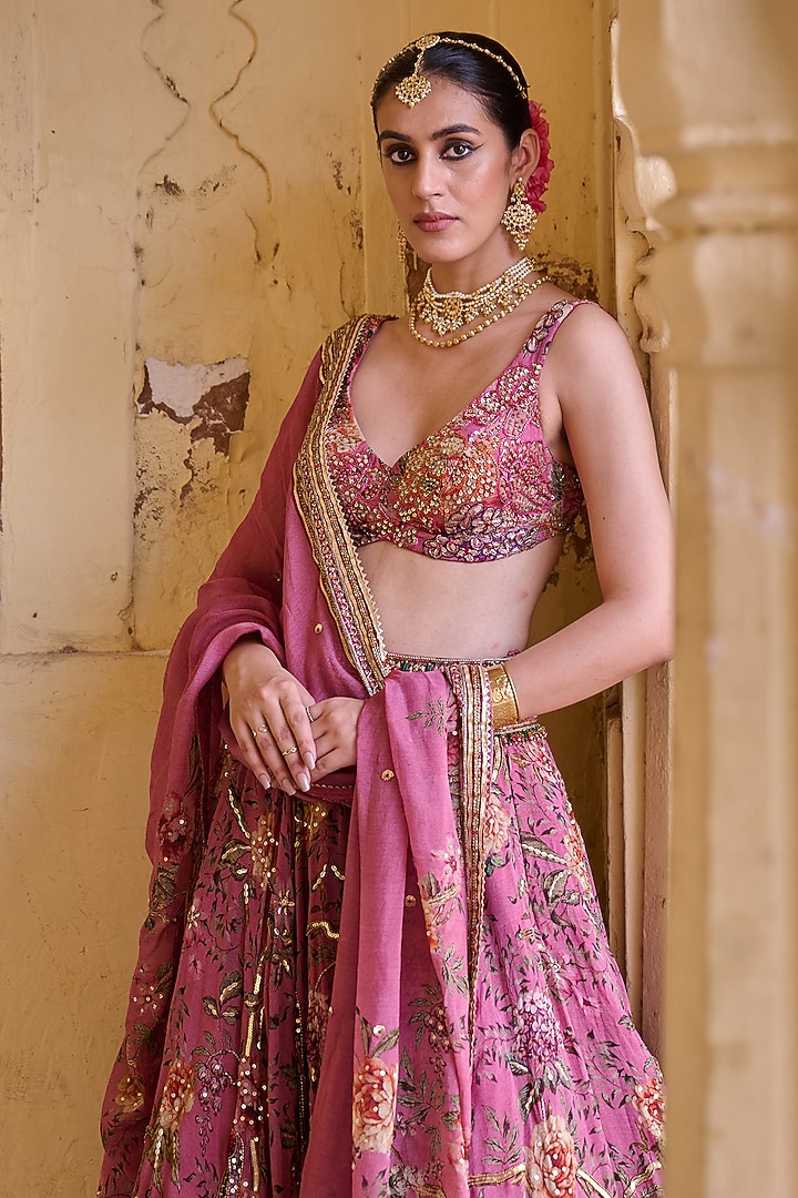 Dusty Rose Organza Hand Embroidered Wedding Lehenga Set by Irrau by Samir Mantri at Pernia's Pop Up Shop