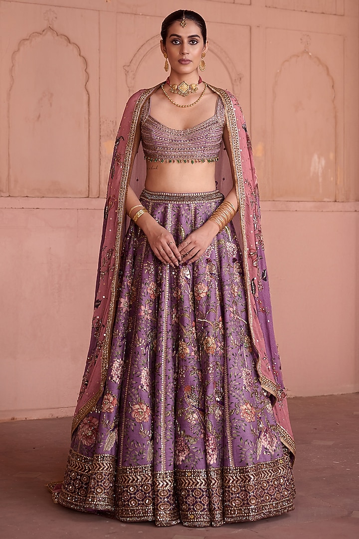 Lilac Dupion Floral Printed & Embellished Wedding Lehenga Set by Irrau by Samir Mantri at Pernia's Pop Up Shop