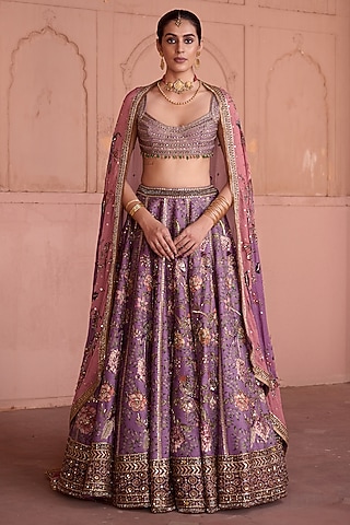 Lilac Dupion Floral Printed & Embellished Lehenga Set by Irrau by Samir Mantri