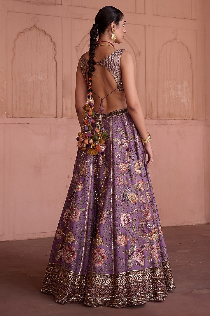 Lilac Dupion Floral Printed & Embellished Wedding Lehenga Set by Irrau by Samir Mantri at Pernia's Pop Up Shop
