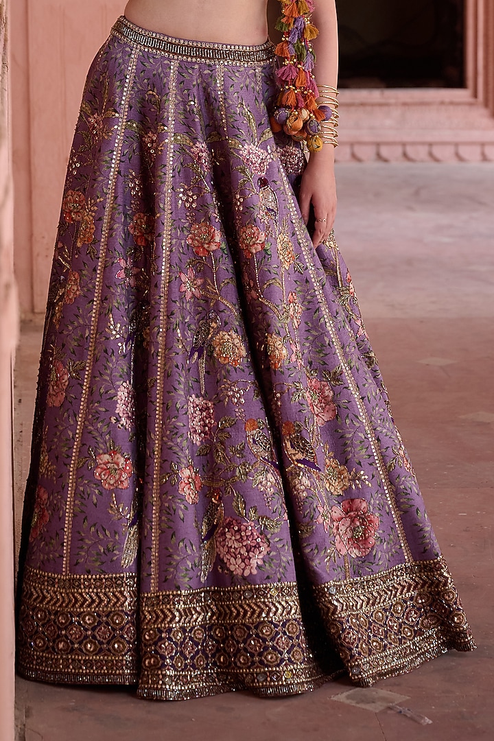 Lilac Dupion Floral Printed & Embellished Wedding Lehenga Set by Irrau by Samir Mantri at Pernia's Pop Up Shop