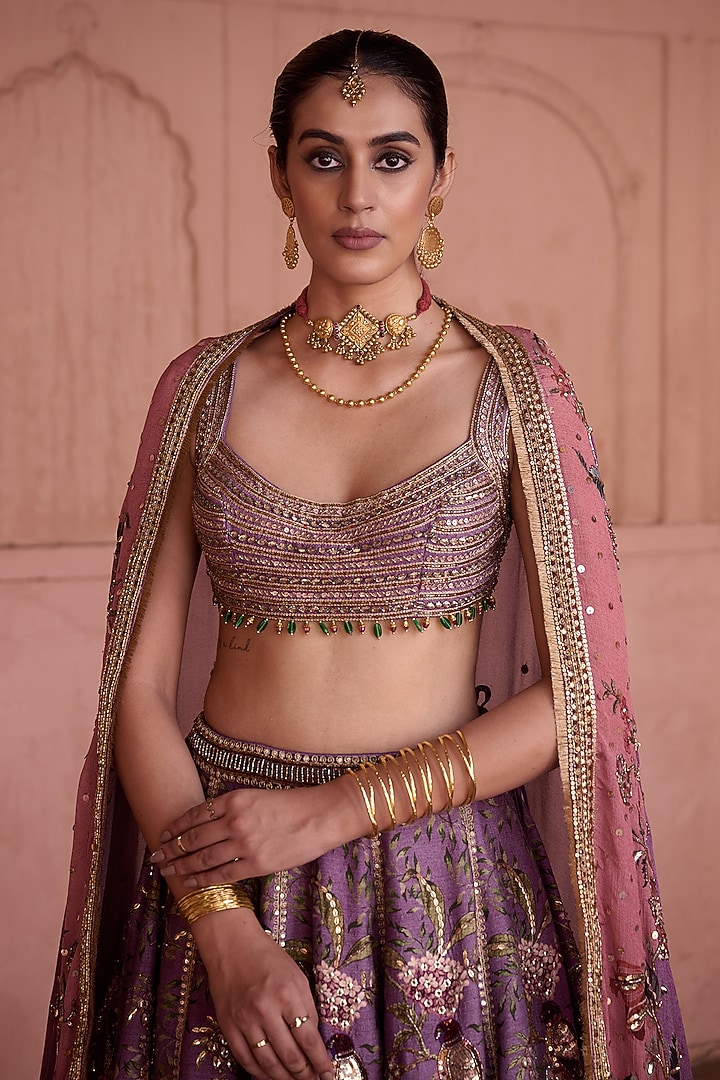 Lilac Dupion Floral Printed & Embellished Wedding Lehenga Set by Irrau by Samir Mantri at Pernia's Pop Up Shop