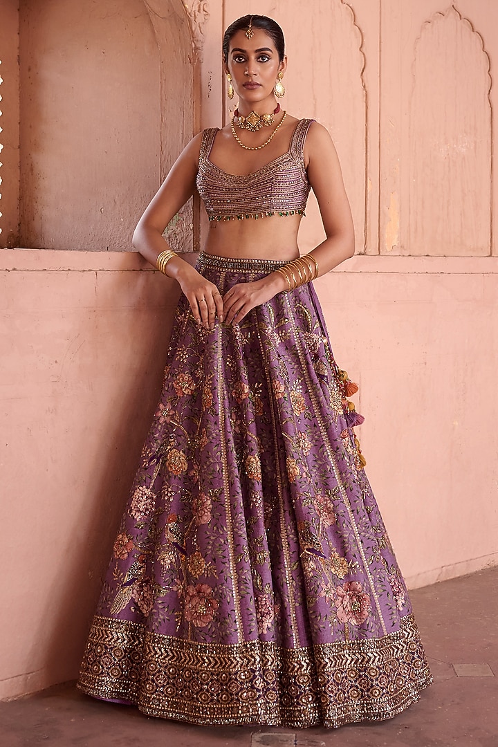 Lilac Dupion Floral Printed & Embellished Wedding Lehenga Set by Irrau by Samir Mantri at Pernia's Pop Up Shop