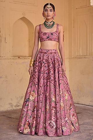 Dusty Rose Dupion Hand Embroidered Lehenga Set by Irrau by Samir Mantri