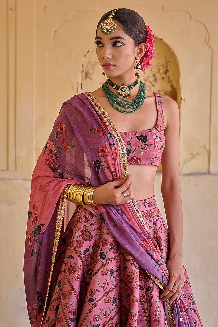 Dusty Rose Dupion Hand Embroidered Wedding Lehenga Set by Irrau by Samir Mantri at Pernia's Pop Up Shop