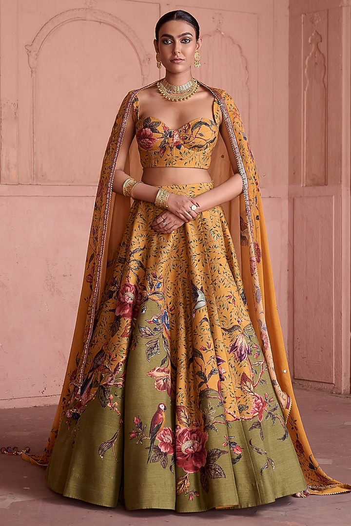 Multi-Colored Dupion Hand Embroidered Flared Wedding Lehenga Set by Irrau by Samir Mantri at Pernia's Pop Up Shop