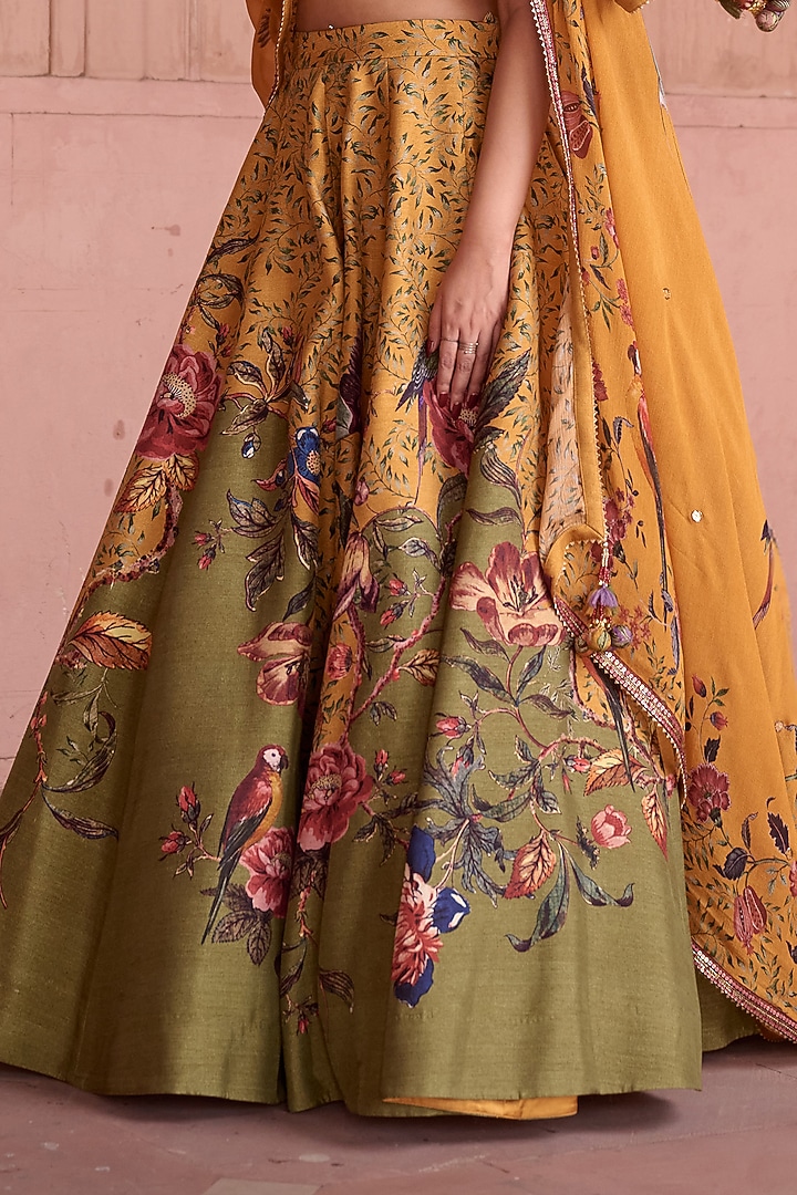 Multi-Colored Dupion Hand Embroidered Flared Wedding Lehenga Set by Irrau by Samir Mantri at Pernia's Pop Up Shop