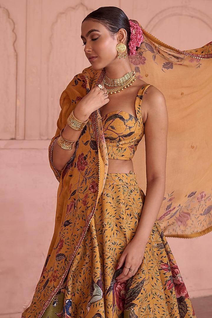 Multi-Colored Dupion Hand Embroidered Flared Wedding Lehenga Set by Irrau by Samir Mantri at Pernia's Pop Up Shop