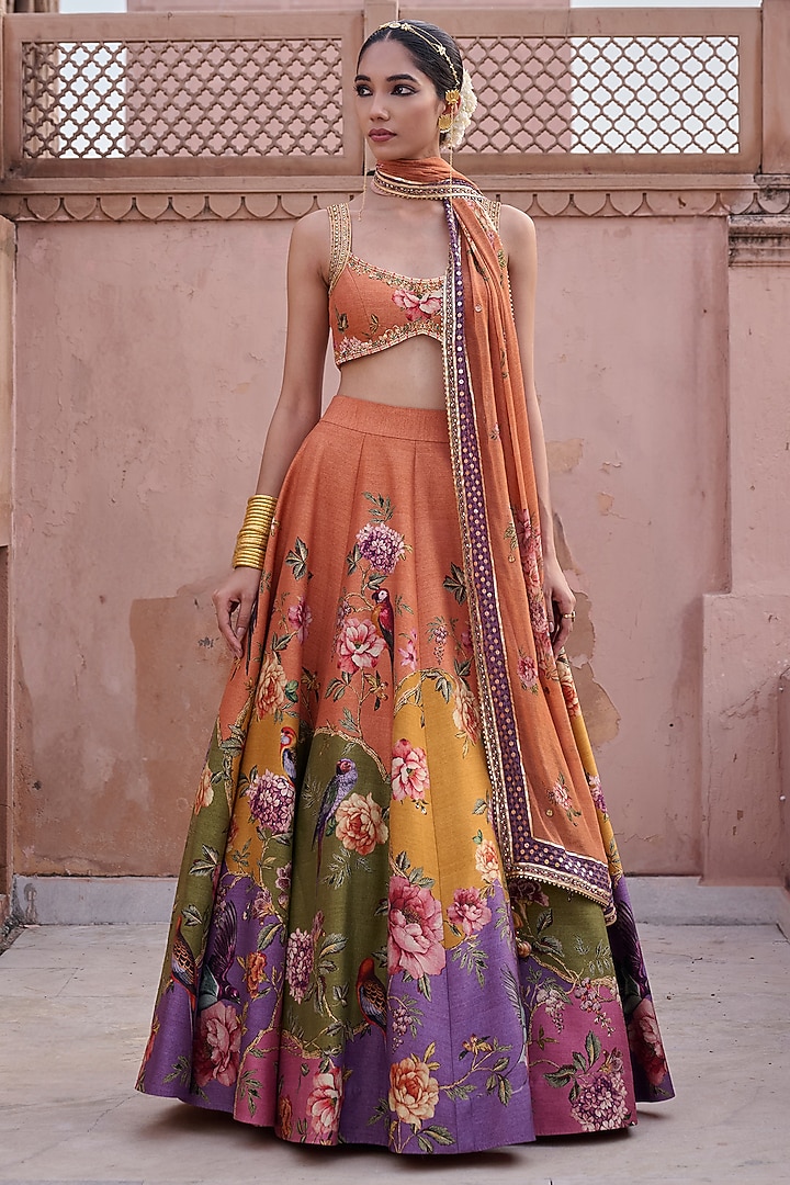 Multi-Colored Dupion Hand Embroidered Wedding Lehenga Set by Irrau by Samir Mantri at Pernia's Pop Up Shop