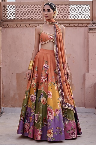 Multi-Colored Dupion Hand Embroidered Lehenga Set by Irrau by Samir Mantri