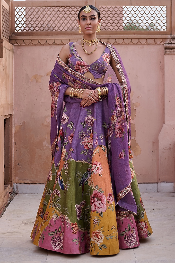 Multi-Colored Dupion Hand Embroidered Wedding Lehenga Set by Irrau by Samir Mantri at Pernia's Pop Up Shop