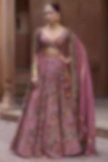 Dusty Rose Organza Motifs Hand Embroidered Bridal Lehenga Set by Irrau by Samir Mantri at Pernia's Pop Up Shop