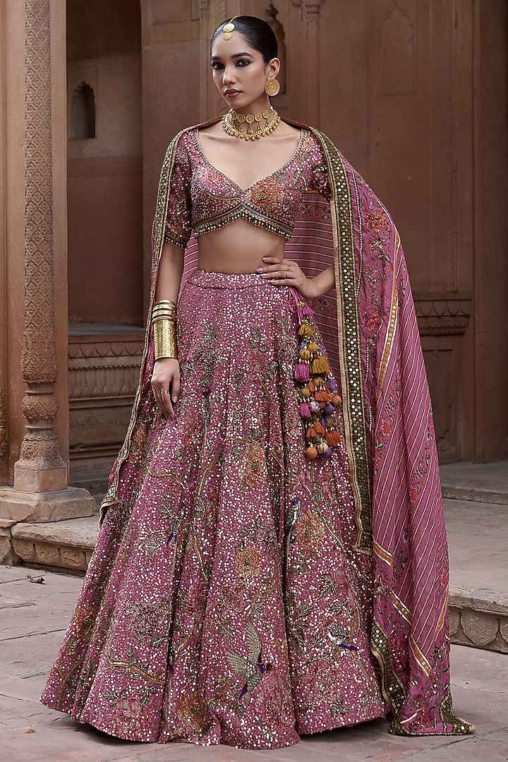 Dusty Rose Organza Motifs Hand Embroidered Bridal Lehenga Set by Irrau by Samir Mantri at Pernia's Pop Up Shop