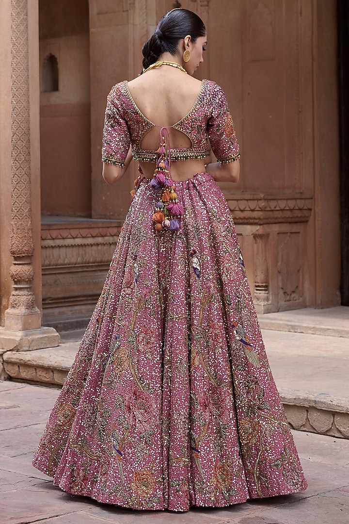 Dusty Rose Organza Motifs Hand Embroidered Bridal Lehenga Set by Irrau by Samir Mantri at Pernia's Pop Up Shop