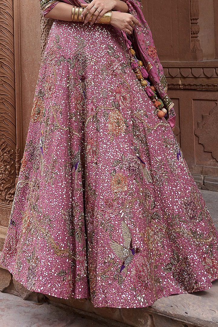 Dusty Rose Organza Motifs Hand Embroidered Bridal Lehenga Set by Irrau by Samir Mantri at Pernia's Pop Up Shop