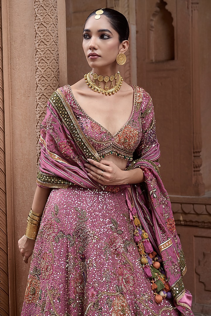 Dusty Rose Organza Motifs Hand Embroidered Bridal Lehenga Set by Irrau by Samir Mantri at Pernia's Pop Up Shop