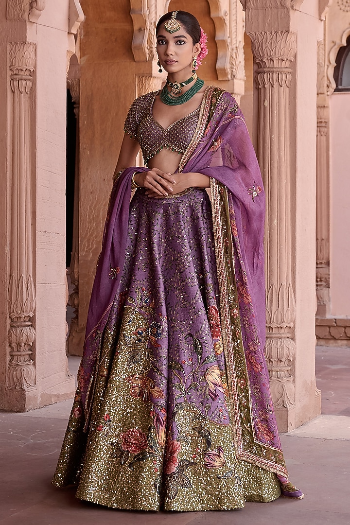 Lilac Dupion Floral Hand Embroidered Wedding Lehenga Set by Irrau by Samir Mantri at Pernia's Pop Up Shop