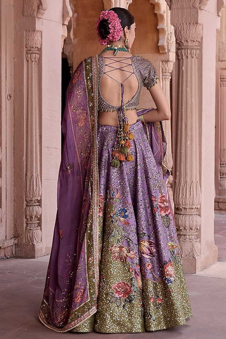 Lilac Dupion Floral Hand Embroidered Wedding Lehenga Set by Irrau by Samir Mantri at Pernia's Pop Up Shop