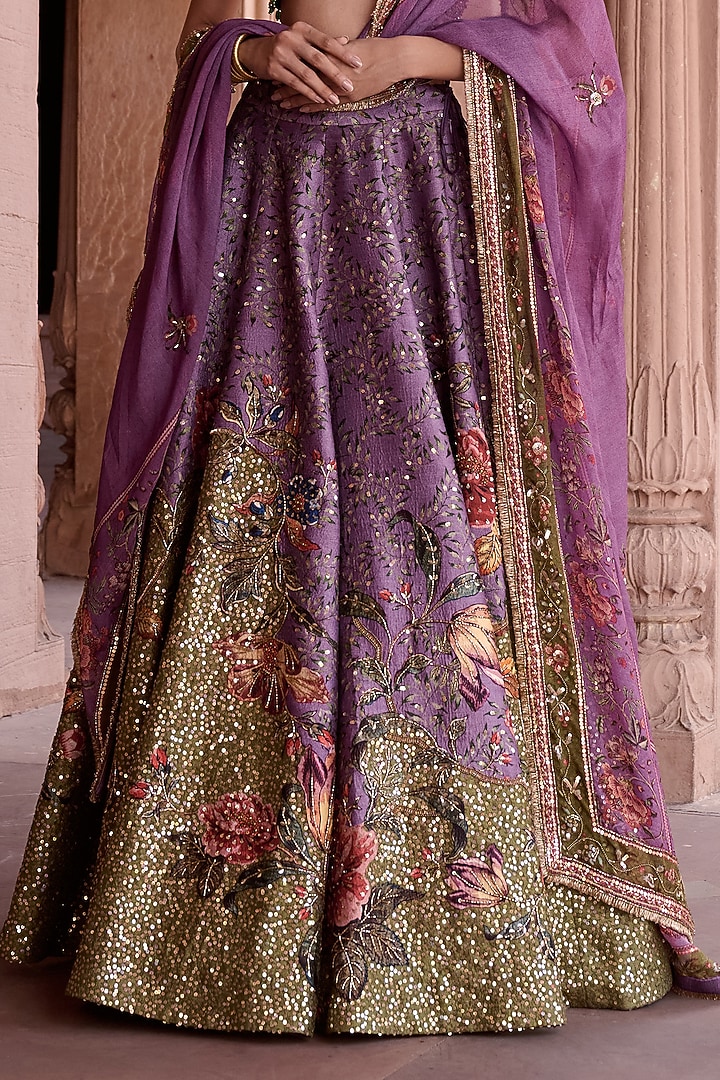 Lilac Dupion Floral Hand Embroidered Wedding Lehenga Set by Irrau by Samir Mantri at Pernia's Pop Up Shop