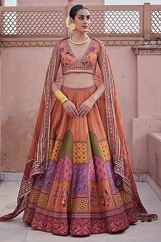 Multi-Colored Dupion Hand Embroidered Lehenga Set by Irrau by Samir Mantri