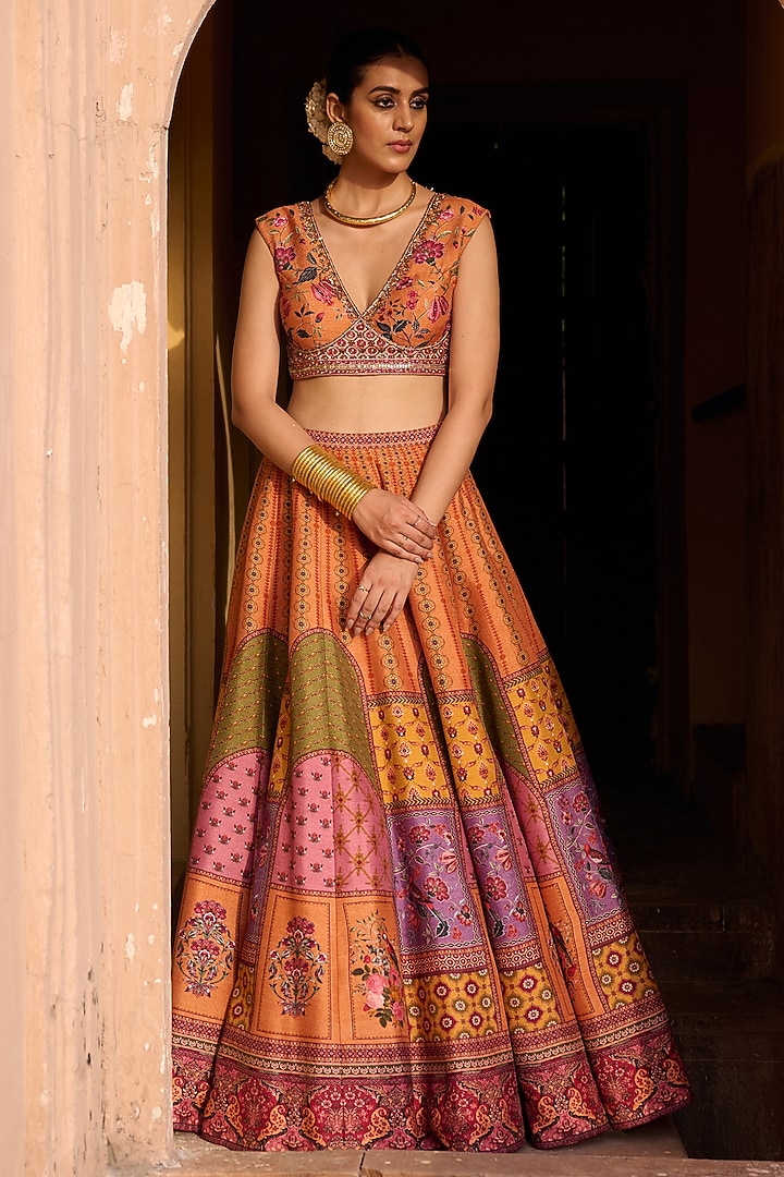 Multi-Colored Dupion Hand Embroidered Wedding Lehenga Set by Irrau by Samir Mantri at Pernia's Pop Up Shop