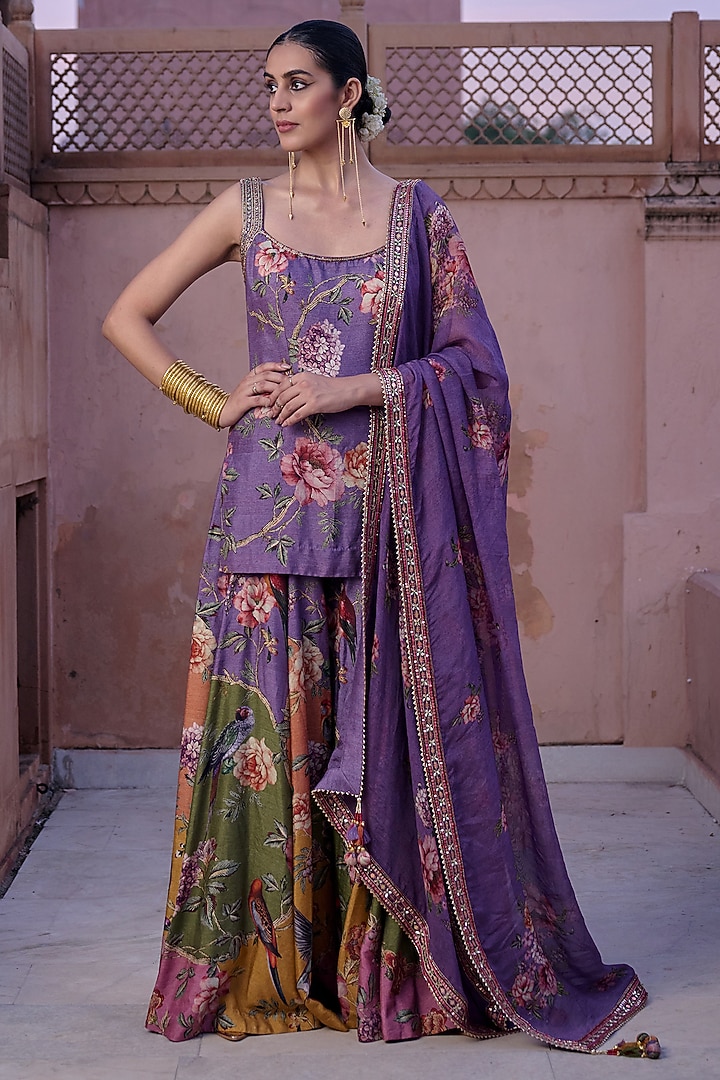 Multi-Colored Dupion Printed Gharara Set by Irrau by Samir Mantri at Pernia's Pop Up Shop
