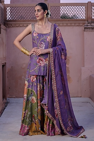 Multi-Colored Dupion Printed Gharara Set by Irrau by Samir Mantri