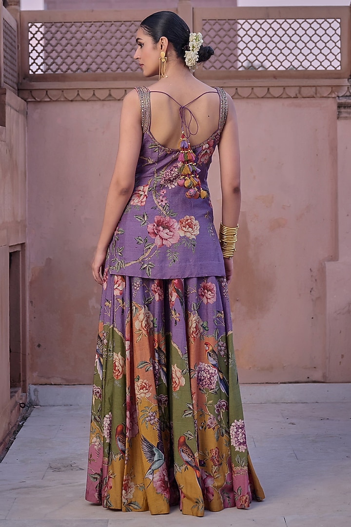 Multi-Colored Dupion Printed Gharara Set by Irrau by Samir Mantri at Pernia's Pop Up Shop