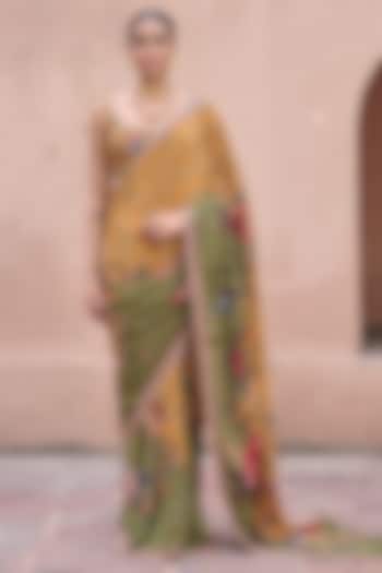 Mustard & Green Crepe Sequins Embroidered Wedding Saree Set by Irrau by Samir Mantri at Pernia's Pop Up Shop