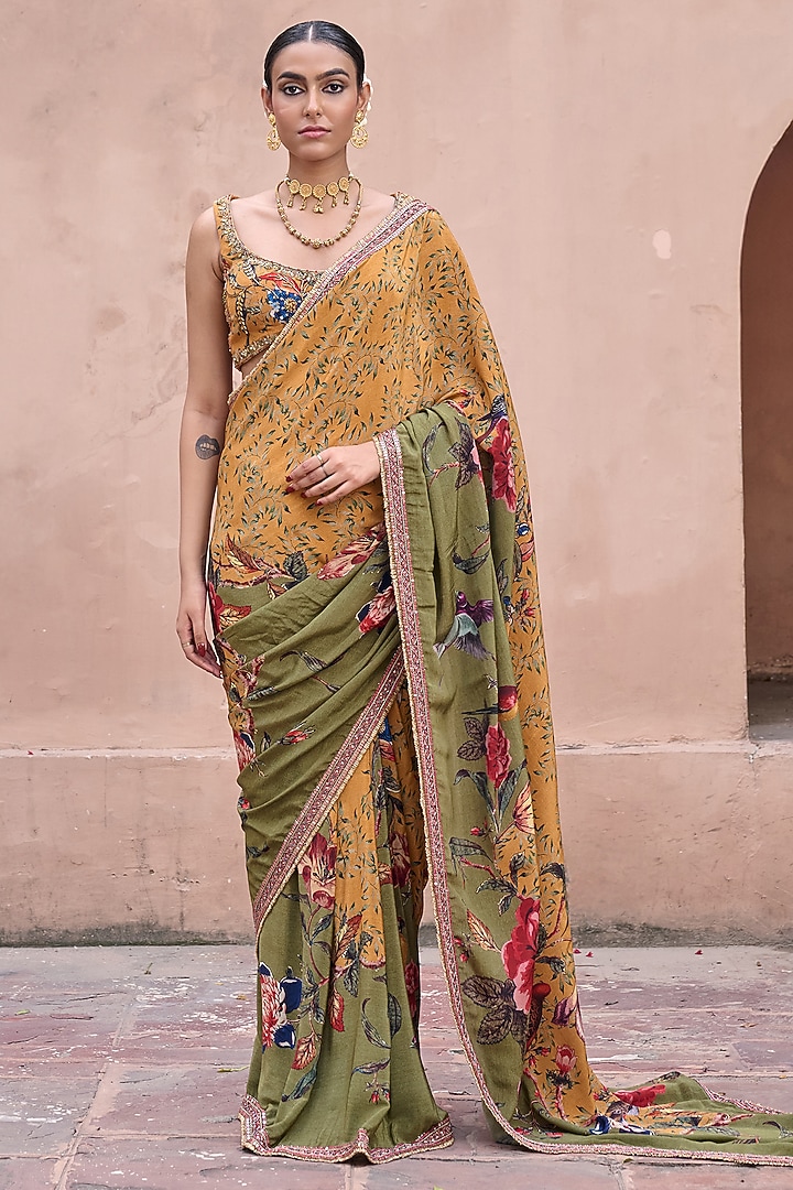 Mustard & Green Crepe Sequins Embroidered Wedding Saree Set by Irrau by Samir Mantri at Pernia's Pop Up Shop