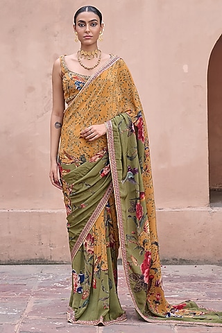 Mustard & Green Crepe Sequins Embroidered Saree Set by Irrau by Samir Mantri