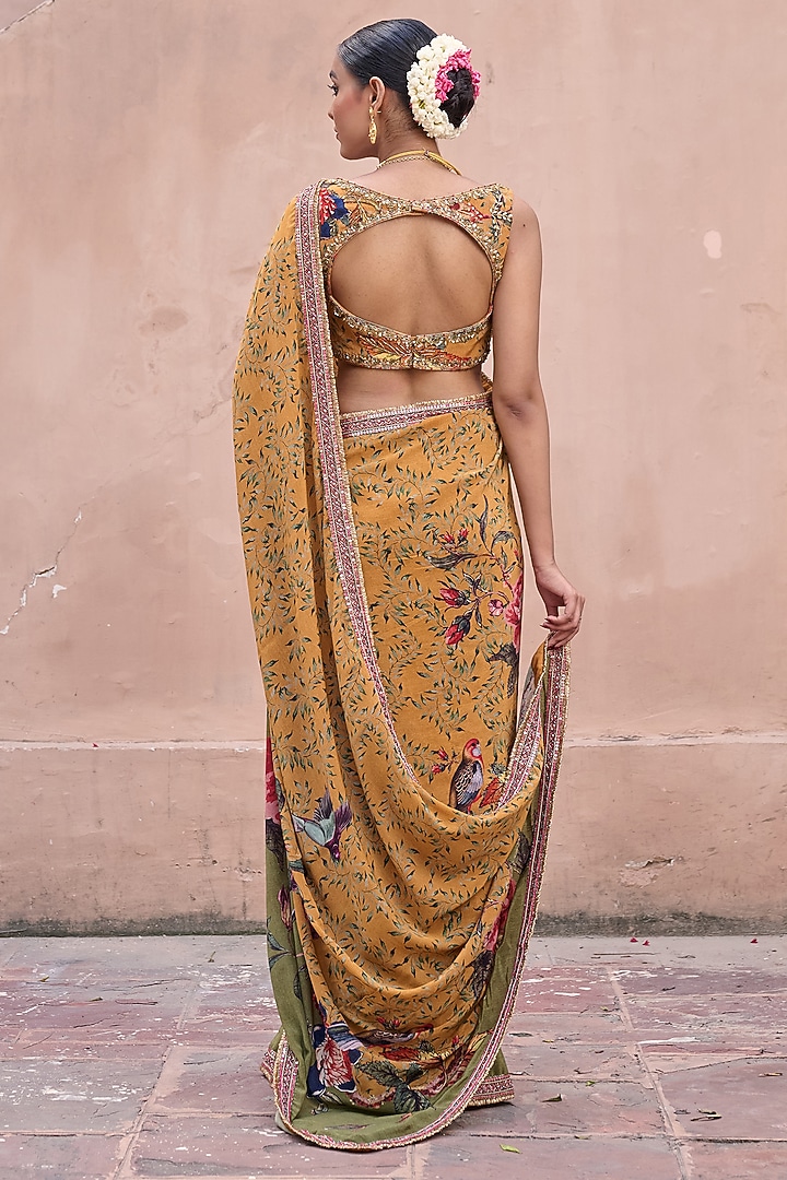 Mustard & Green Crepe Sequins Embroidered Wedding Saree Set by Irrau by Samir Mantri at Pernia's Pop Up Shop