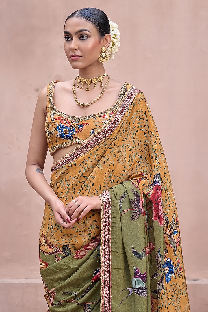 Mustard & Green Crepe Sequins Embroidered Wedding Saree Set by Irrau by Samir Mantri at Pernia's Pop Up Shop
