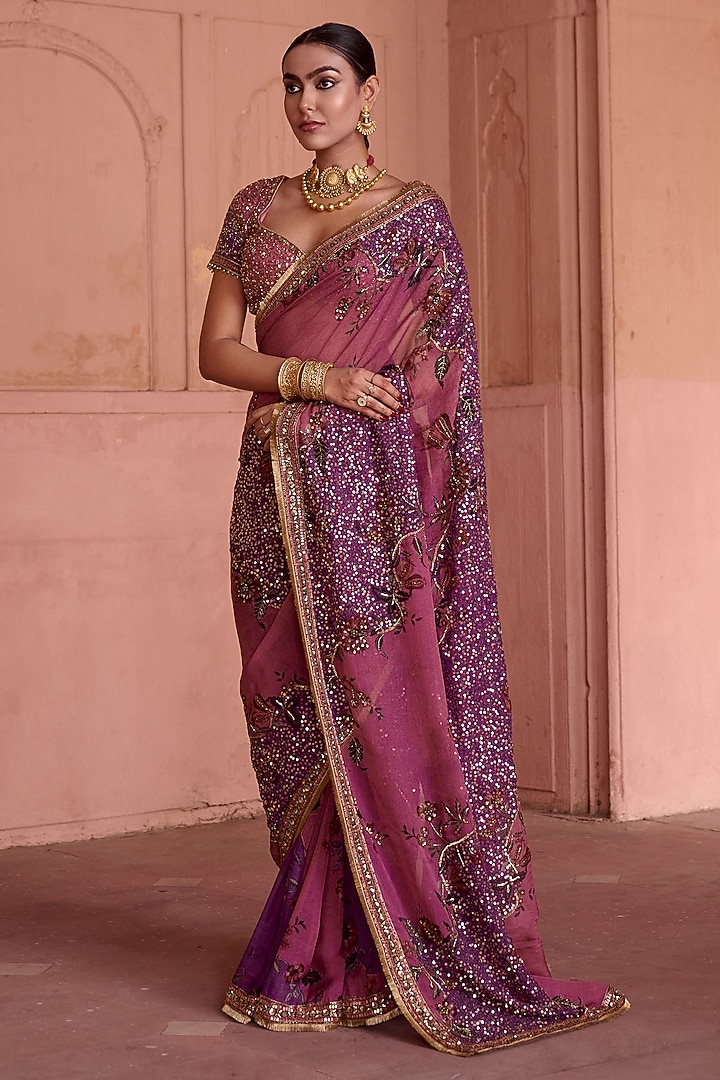 Dusty Rose Organza Hand Embroidered Wedding Saree Set by Irrau by Samir Mantri at Pernia's Pop Up Shop