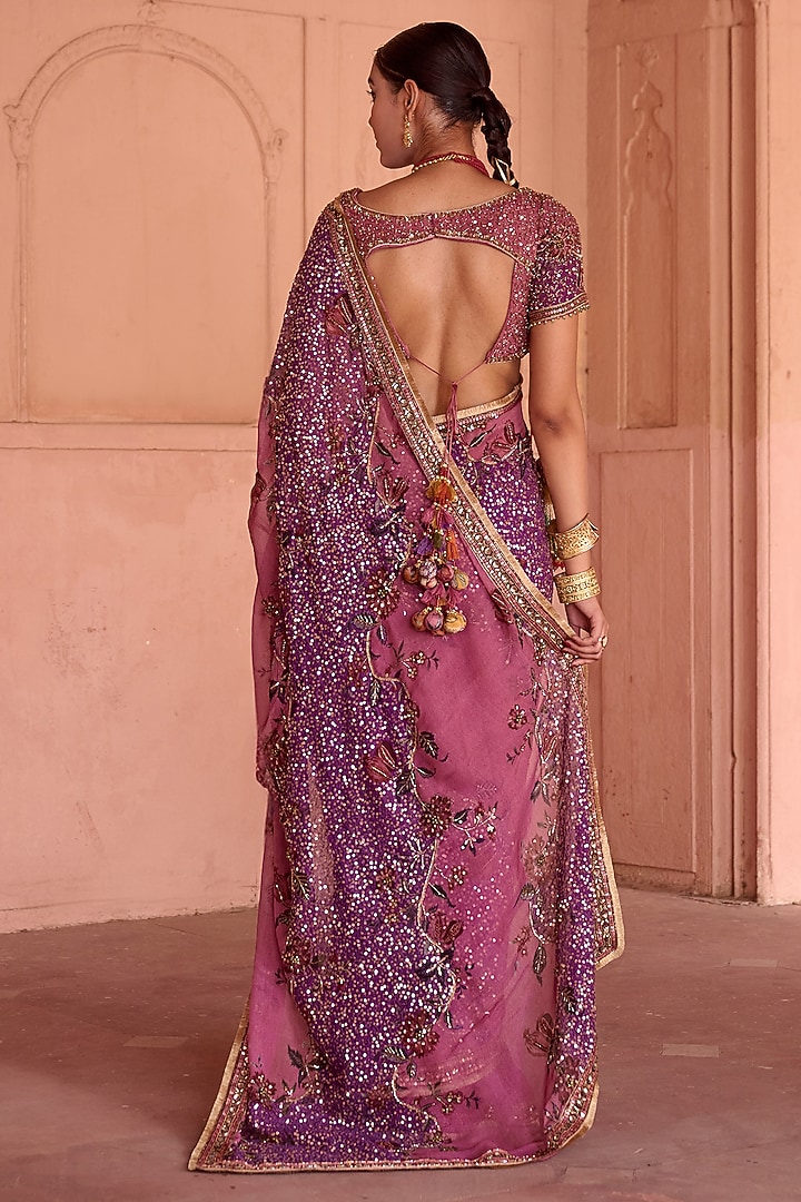 Dusty Rose Organza Hand Embroidered Wedding Saree Set by Irrau by Samir Mantri at Pernia's Pop Up Shop