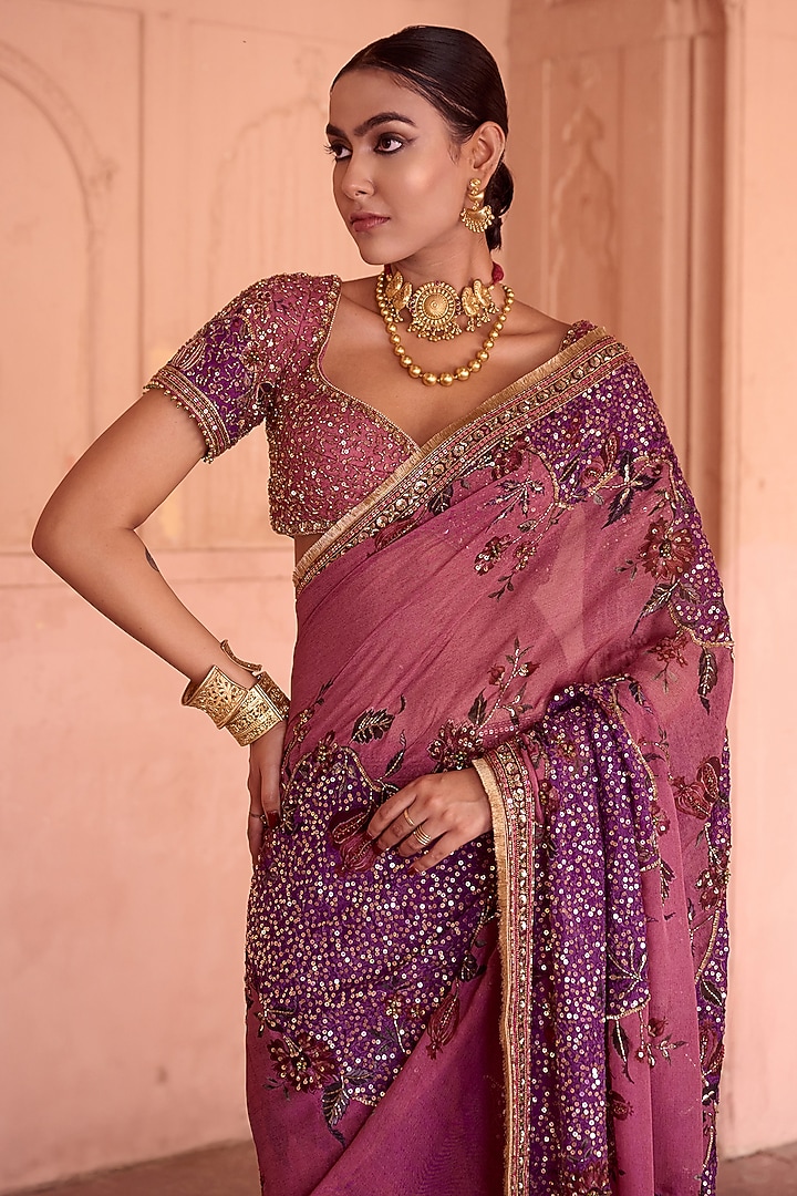 Dusty Rose Organza Hand Embroidered Wedding Saree Set by Irrau by Samir Mantri at Pernia's Pop Up Shop