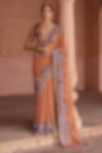 Peach Georgette Hand Embroidered Wedding Saree Set by Irrau by Samir Mantri at Pernia's Pop Up Shop