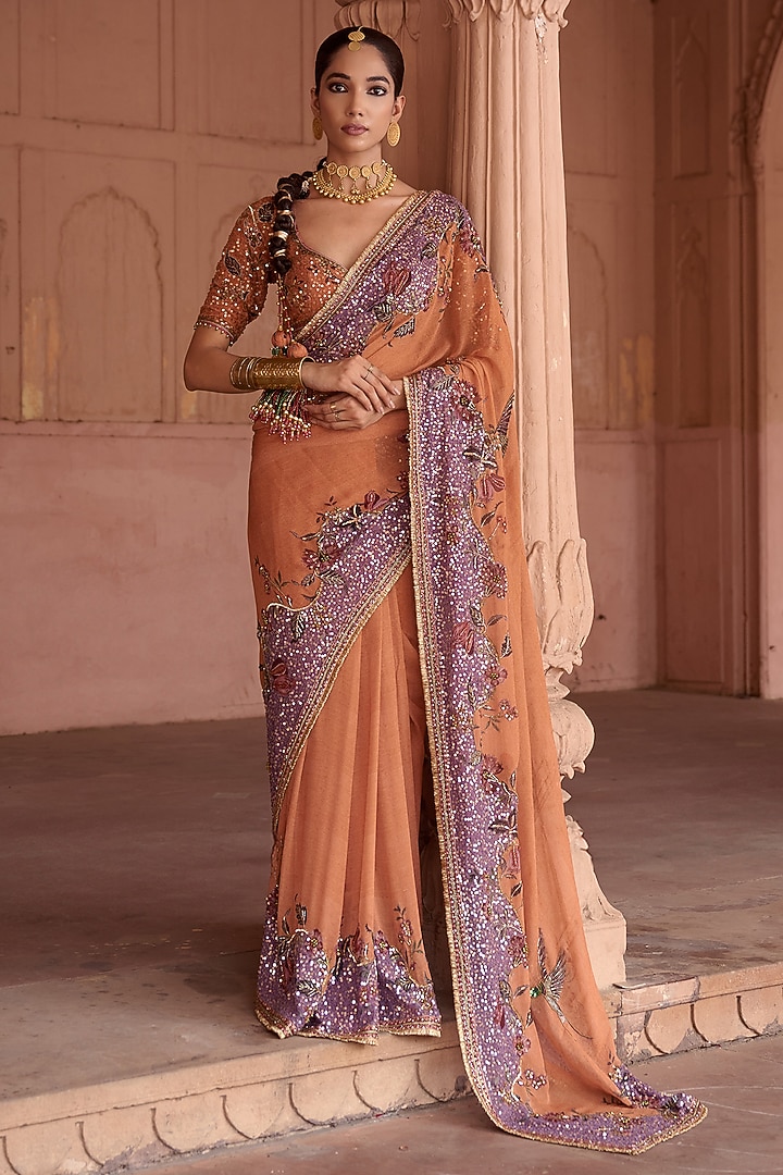 Peach Georgette Hand Embroidered Wedding Saree Set by Irrau by Samir Mantri at Pernia's Pop Up Shop