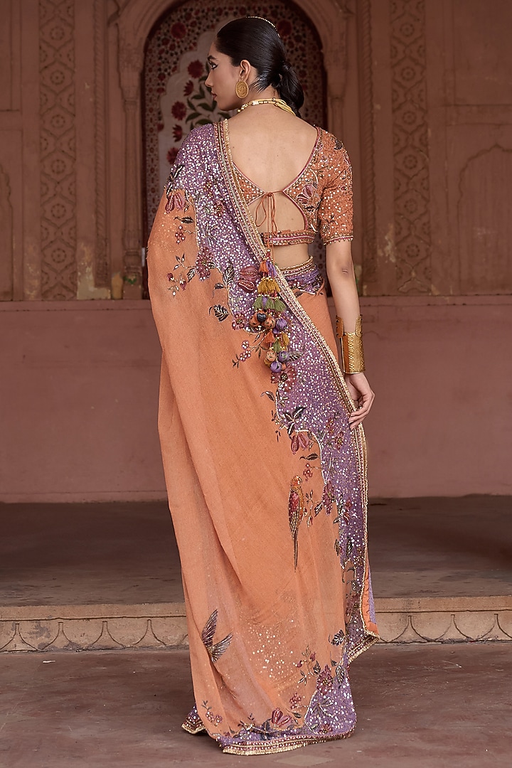 Peach Georgette Hand Embroidered Wedding Saree Set by Irrau by Samir Mantri at Pernia's Pop Up Shop