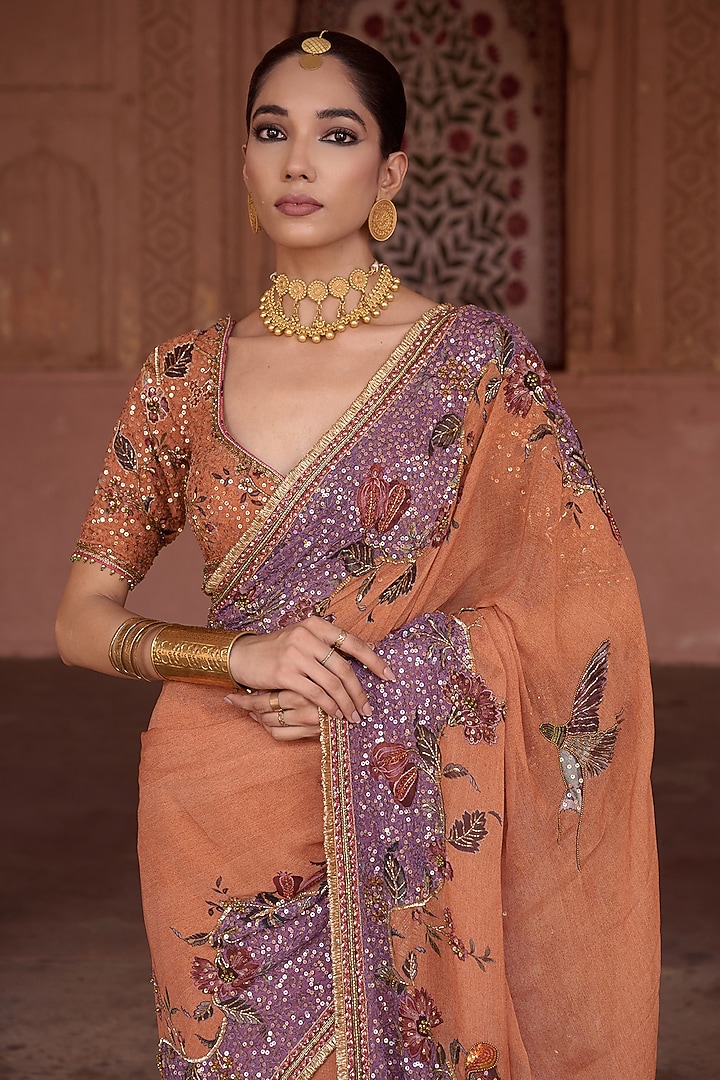 Peach Georgette Hand Embroidered Wedding Saree Set by Irrau by Samir Mantri at Pernia's Pop Up Shop