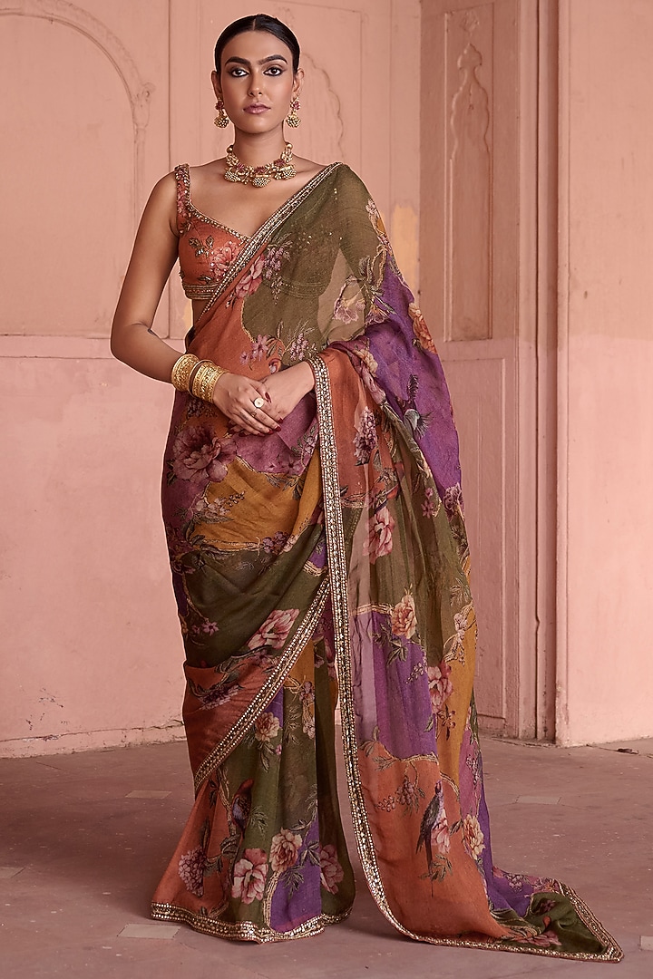 Multi-Colored Organza Floral Hand Embellished Wedding Saree Set by Irrau by Samir Mantri at Pernia's Pop Up Shop