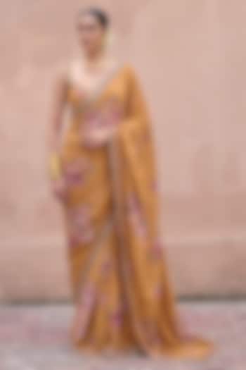 Mustard Crepe Printed & Hand Embroidered Wedding Saree Set by Irrau by Samir Mantri at Pernia's Pop Up Shop