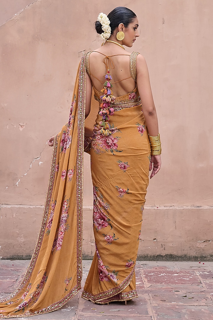 Mustard Crepe Printed & Hand Embroidered Wedding Saree Set by Irrau by Samir Mantri at Pernia's Pop Up Shop